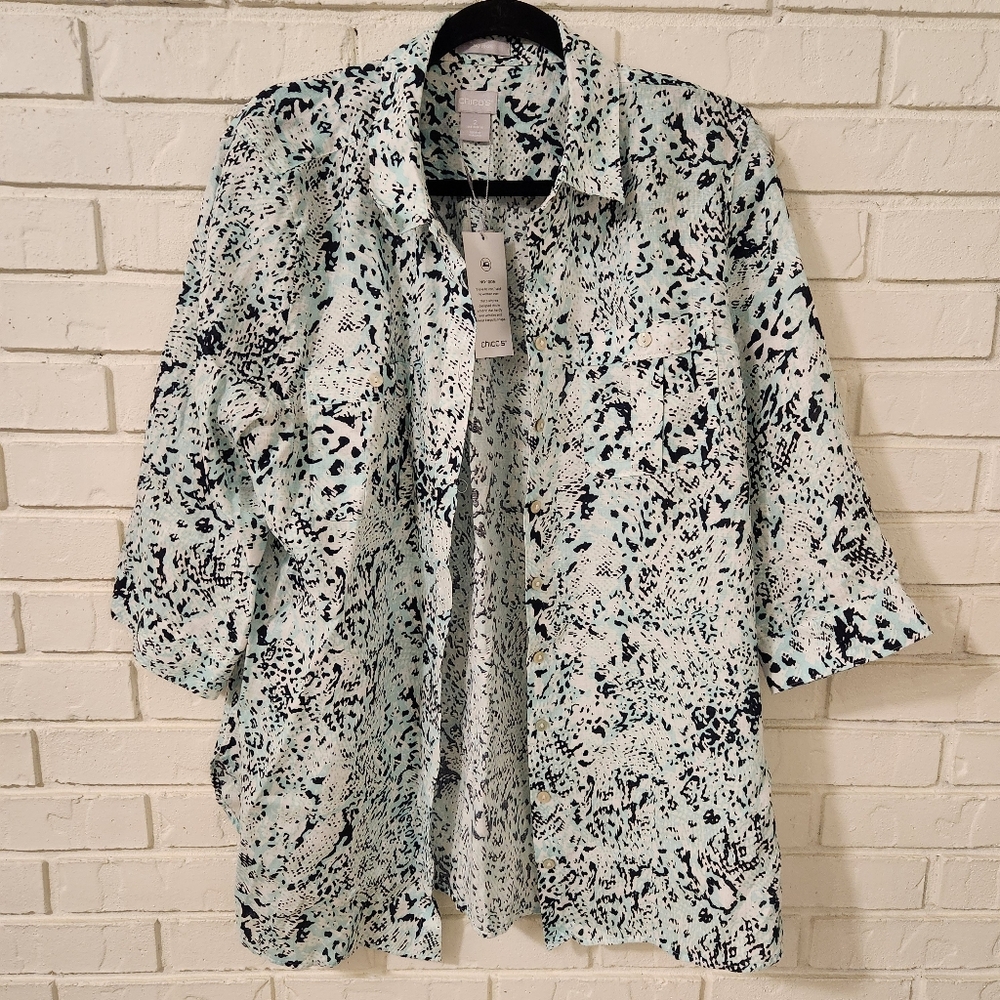 Chicos Linen Patterned Button-Up Blouse Size 2 NWT - image 10